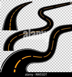 Wicklung geschwungene Straße oder Autobahn mit Markierungen. Richtung, Transport eingestellt. Vector Illustration. Stock Vektor