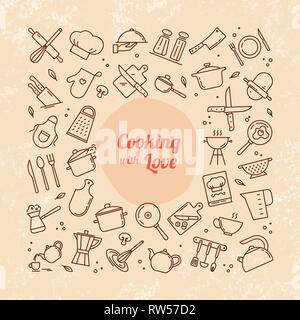 Von Icons zum Thema Küche und Kochen mit Schriftzug kochen mit Liebe. Stock Vektor