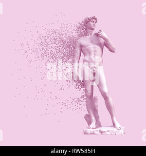 Digitale Auflösung der Skulptur David auf lila Hintergrund. 3D-Darstellung. Stockfoto