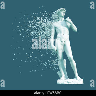 Digitale Auflösung der Skulptur David auf blauem Hintergrund. 3D-Darstellung. Stockfoto