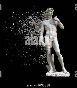 Digitale Auflösung der Skulptur David isoliert auf schwarzen Hintergrund. 3D-Darstellung. Stockfoto