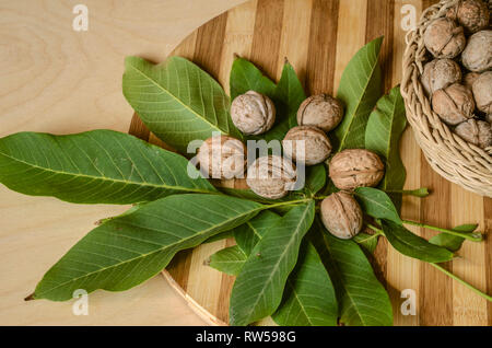 Gestreifte Küche aus Holz mit Nussbaum Blätter mit Muttern und Weidenkorb mit Nüssen gefüllt abgedeckt Stockfoto