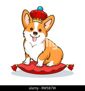 Corgi Hund mit Krone. Britische Prinzessin Hund, Vektor Englisch lustig Königin Tier Design, Welsh Corgi mit Corona und roten Kissen Stock Vektor