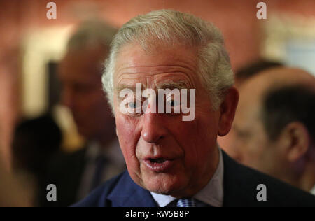 Der Prinz von Wales spricht zu den Gästen bei einem Empfang im Buckingham Palace, London, die zyprische Diaspora in Großbritannien zu feiern. Stockfoto