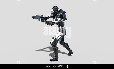 Polizei, Strafverfolgungsbehörden Roboter Cyborg, Android cop schießen Pistole auf weißem Hintergrund, 3D-Rendering Stockfoto