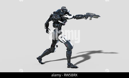 Polizei, Strafverfolgungsbehörden Roboter Cyborg, Android cop schießen Pistole auf weißem Hintergrund, 3D-Rendering Stockfoto