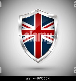 Großbritannien Flagge auf Metall Glänzendes schild Vector Illustration. Sammlung von Flaggen auf Schild gegen den weißen Hintergrund. Abstrakte isoliertes Objekt Stock Vektor