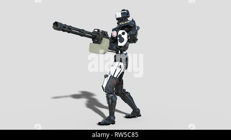 Polizei, Strafverfolgungsbehörden Roboter Cyborg, Android cop schießen Maschinengewehr auf weißem Hintergrund, 3D-Rendering Stockfoto