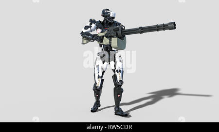 Polizei, Strafverfolgungsbehörden Roboter Cyborg, Android cop schießen Maschinengewehr auf weißem Hintergrund, 3D-Rendering Stockfoto