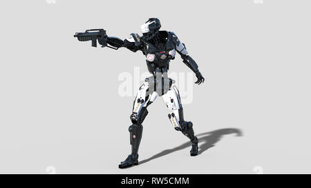 Polizei, Strafverfolgungsbehörden Roboter Cyborg, Android cop zielen und schießen Pistole auf weißem Hintergrund, 3D-Rendering Stockfoto