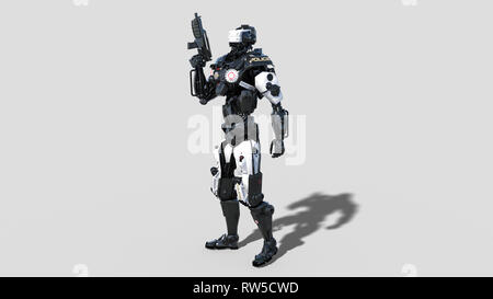 Polizei, Strafverfolgungsbehörden Roboter Cyborg, Android cop bewaffnet mit Gewehr auf weißem Hintergrund, 3D-Rendering Stockfoto