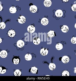 Polka Punkt Tiere nahtlose Vektor-Hintergrund. Niedliche Kinder Muster weißen Kreisen mit Tiergesichtern auf blau. Einfaches Doodle-Design für Kinder. Verwenden Sie fo Stock Vektor