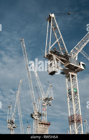 Große weiße Baukräne über eine Baustelle in Edinburgh an einem sonnigen Tag, Schottland Stockfoto