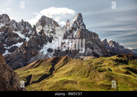 Cimon della Pala (auch genannt "Das Matterhorn der Dolomiten") mit Snow peaks grasartige Felder im Vordergrund verdeckt. San Martino di Castrozza, Italien. Stockfoto