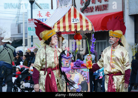 LOS ANGELES - Februar 9, 2019: Chico McRooster am Los Angeles Chinese New Year Parade. Stockfoto