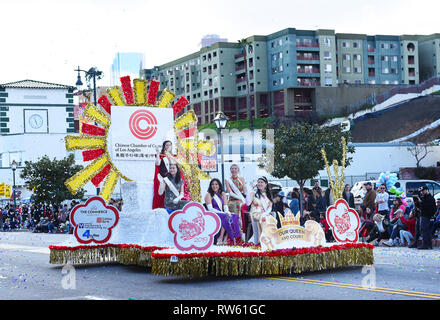 LOS ANGELES - Februar 9, 2019: Float Die Quuen und Ihr Hof am Los Barghorn Chinese New Year Parade. Stockfoto