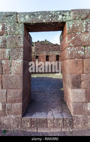 Pisac: SEKTOR DER INTIHUATANA, es sind die Paläste, Tempel und liturgischen Quellen, Sie eine sehr aufwändige Arbeit in Stein, typisch für die Edlen so Stockfoto