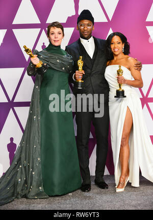 Olivia Colman, Sieger der Beste Schauspielerin, Regina King, Sieger der Beste Nebendarstellerin und Mahershala Ali, der Gewinner der besten Nebendarsteller auf der 91. jährlichen Academy Awards in der Presse während des Hollywood und Highland am 24. Februar 2019 in Hollywood, Kalifornien Stockfoto
