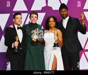 Rami Malek, der Gewinner der besten Schauspieler, Olivia Colman, Sieger der Beste Schauspielerin, Regina King, Sieger der Beste Nebendarstellerin und Mahershala Ali, der Gewinner der besten Nebendarsteller auf der 91. jährlichen Academy Awards in der Presse während des Hollywood und Highland am 24. Februar 2019 in Hollywood, Kalifornien Stockfoto