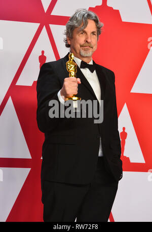 Peter Farrelly pose mit die beste Bild- und Best Original Screenplay Award für das Grüne Buch '040 auf der 91. jährlichen Academy Awards in der Presse während des Hollywood und Highland am 24. Februar 2019 in Hollywood, Kalifornien Stockfoto