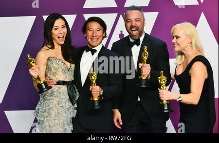Elizabeth Chai Vasarhelyi, Jimmy Chin, Evan Hayes und Shannon Dill - Free Solo 066 auf der 91. jährlichen Academy Awards in der Presse während des Hollywood und Highland am 24. Februar 2019 in Hollywood, Kalifornien Stockfoto
