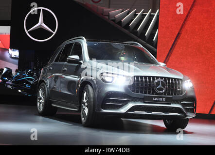 Genf, Schweiz. 05 Mär, 2019. Die AMG GLE 53 wird auf dem Genfer Automobilsalon am ersten Pressetag vorgestellt. Die 89. Automobilsalon in Genf beginnt am 7. März und dauert bis 17. März. Credit: Uli Deck / dpa/Alamy leben Nachrichten Stockfoto