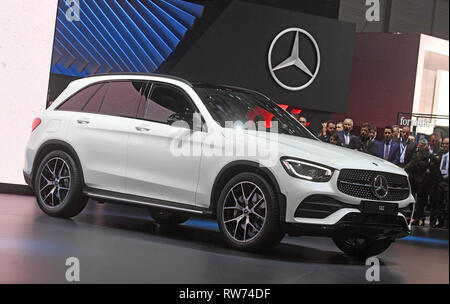 Genf, Schweiz. 05 Mär, 2019. Die Mercedes-Benz GLC wird auf dem Genfer Automobilsalon am ersten Pressetag vorgelegt werden. Die 89. Automobilsalon in Genf beginnt am 7. März und dauert bis 17. März. Credit: Uli Deck / dpa/Alamy leben Nachrichten Stockfoto