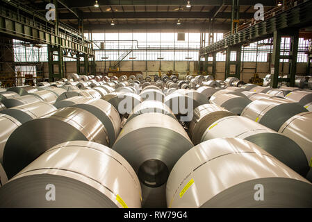 05 März 2019, Niedersachsen, Salzgitter: Coils liegen in einer Galvanik Halle der Salzgitter AG. Foto: Christophe Kirschtorte/dpa Stockfoto