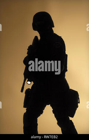 Spezielle Waffen und Taktiken Team (SWAT) Offizier Silhouette im Nebel. Stockfoto