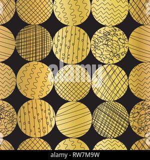 Goldene abstrakte Kreise auf schwarzem Hintergrund. Gold-Folie strukturierten Kreis Formen nahtlose Vektor-Muster. Elegantes Design für Webbanner, Blog, Hochzeit Stock Vektor