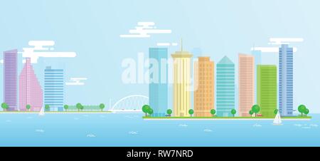 Landschaft von Urban, Stadt, Seehafen mit großen, modernen Gebäude. Vector Illustration flache Bauweise auf einem langen Streifen für Web-, Druck geeignet. Stock Vektor