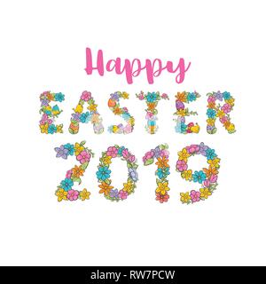 Vektor Frohe Ostern Label. Cute Urlaub Frühling Font mit Hühnern, Blumen, Blätter Vector Template für Grußansagen Stock Vektor