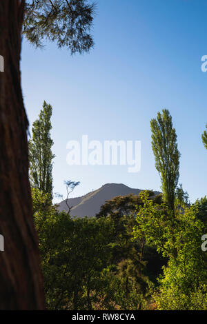 Großer Hügel in der Ferne mit der aufgehenden Sonne, NZ. Stockfoto