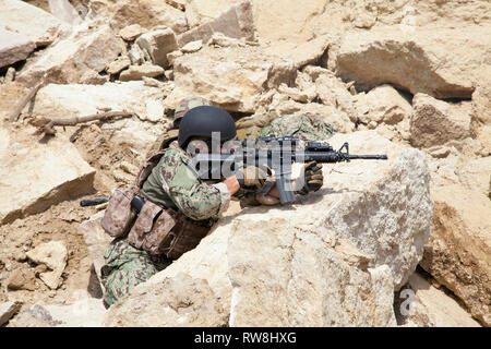 Mitglieder der Navy Seal Team mit Waffen in Aktion. Stockfoto