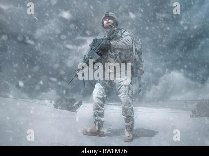 United States Fallschirmjäger airborne Infanterie in der Wüste Schnee Sturm. Stockfoto