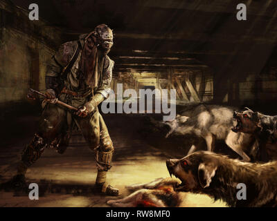 Post-nuklearen Apokalypse überlebender kämpft um sein Leben mit mutierten Hunden. Stockfoto