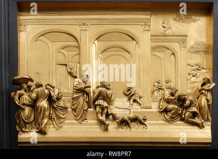 Florenz Dom, Baptisterium des Heiligen Johannes, die Tore des Paradieses, Isaac mit Esau und Jakob, Florenz, Italien Stockfoto