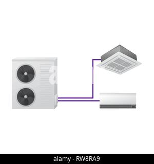 Klimaanlage. Vektorabbildung. Multi-Split-System. Eine Einheit im Freien und zwei im Innenbereich. Deckenkassette und Wandmontage Stock Vektor