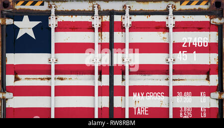 Nahaufnahme der Container mit der nationalen Flagge von Liberia. Das Konzept von Liberia export-import und die Lieferung von Waren. Stockfoto