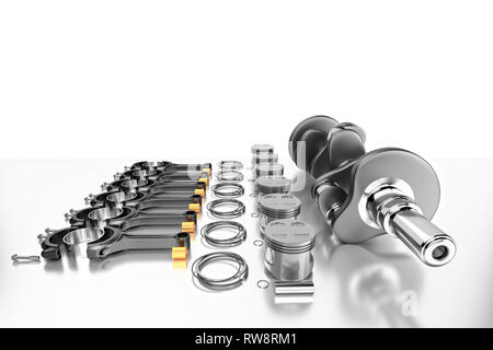 3D-Rendering. Kurbelwelle für 6v Zylinder Motor. Lkw-Kurbelwelle auf grauem Hintergrund. Motor Lager Kurbelwelle mit Kolben und Kolbenringen. Stockfoto