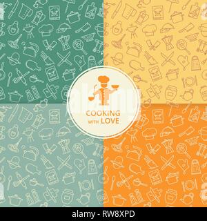 Satz von vier nahtlose Muster auf der Küche Thema mit einer Vielzahl von Küchenzubehör in verschiedenen Farben. Hintergrund für menu Design, Küchenzubehör und o Stock Vektor