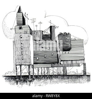 Fantasy Zeichnung von einem Haus auf Stelzen vor dem Hintergrund der Silhouette der Stadt. Cartoon zeichnen Stadt. Stockfoto