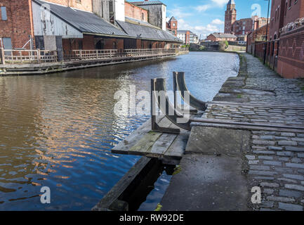 Leeds und Liverpool canal Navigation an Wigan Pier. Stockfoto