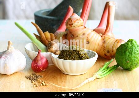 Grüne Curry Paste mit frischen Zutaten und Mörtel Stockfoto