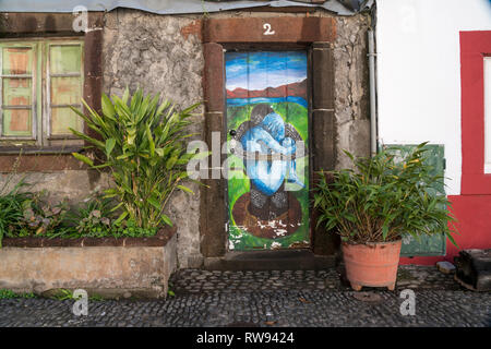 Kunstprojekt mit bemalten Türen in der Altstadt von Funchal, Madeira, Portugal, Europa | Kunst Projekt lackierte Türen in Funchal, Madeira, Portugal, Eur Stockfoto