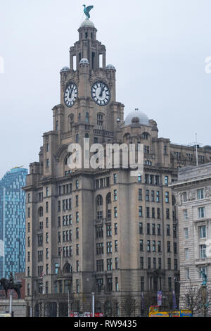 LIVERPOOL, ENGLAND - NOVEMBER 5, 2018: Blick auf das Royal Liver Building am Wasser. Die mythische Leber Vogel auf der Oberseite befindet sich auf einer Kormoran auf der Grundlage Stockfoto