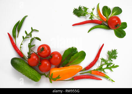 Gesunde Ernährung frisches Gemüse flach auf Weiß isoliert. Tomaten, Paprika, Gurken, Rucola, Mangold. Kopieren Raum Text horizontal banner Vorlage Stockfoto