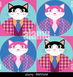 Nahtlose Muster mit Cartoon elegante Katze eingecheckt jacke, weste und krawatte. Vier Glückliche Katzen auf kreisförmigen Hintergründe isoliert Stock Vektor
