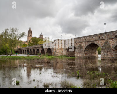 Salamanca Römische Brücke über den Fluss Tornes mit der Skyline im Hintergrund Stockfoto