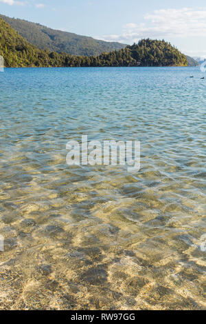 Nahaufnahme des klaren, blauen Wasser des Sees Okataina in Neuseeland. Stockfoto